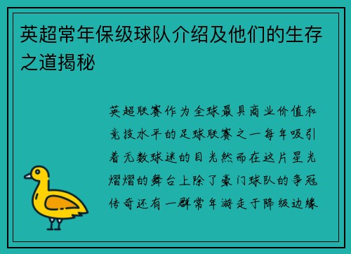 英超常年保级球队介绍及他们的生存之道揭秘